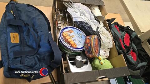 Box of assorted bric a brac including knitting and sewing items plus 2 holdalls and walking cane