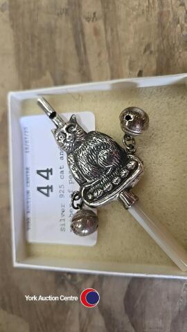 Silver 925 cat and mother of pearl childs rattle
