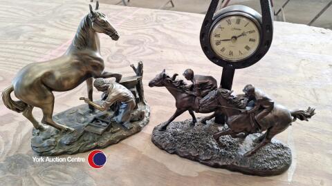 Large horse racing model clock plus blacksmith and horse model