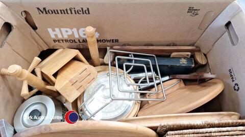 Large box of mainly wooden Kitchenalia also fondue set and metal trivets