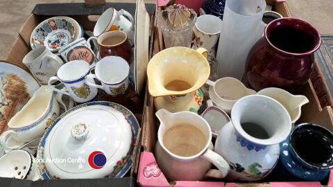 Box of jugs/vases + box of misc. crockery