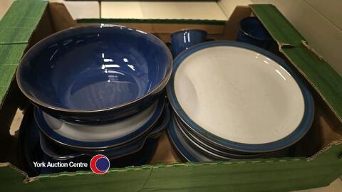 Box of blue Denby tableware including plates and bowls