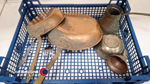 Tray of old mixed metal ware
