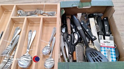2 crates of cutlery and kitchen utensils