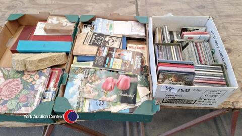3 x boxes of miscellaneous items including CDs, stamps, bookends and booklets (various subjects) etc.
