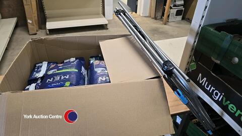 Box of household items including clothes airer