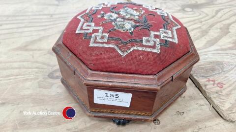 Beadwork and inlaid sewing box and contents