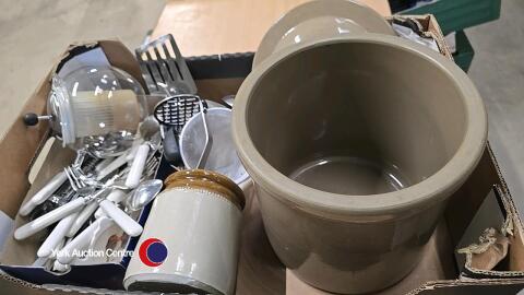 Box of assorted kitchen items including large ceramic bread jar