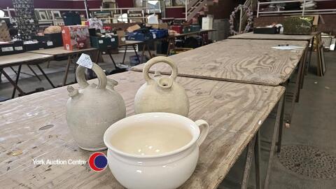 2 x Spanish Botijos water jugs. one stamped Taller De Ceramica Agost with craftsman's name possibly Roman and chamber pot