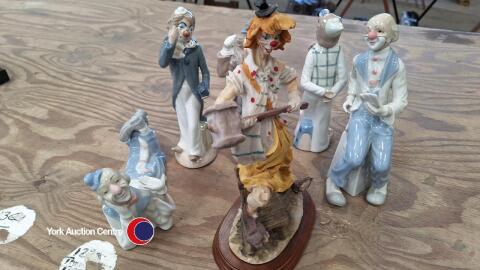 6 x porcelain clown figurines and a resin clown