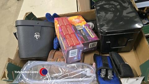 Box of bric a brac including binoculars and microphones