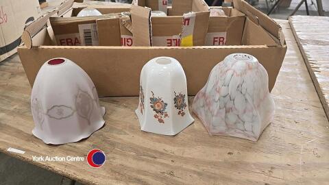 6 x glass light shades, mixture of art deco, post war floral and mid century