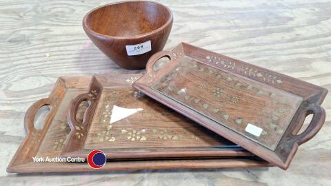 Wooden fruit bowl and 3 wooden trays