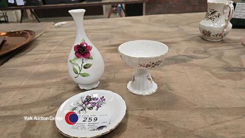 Coalport, Rosebud, vase, H 16.5cm, Royal Worcester, footed, candy dish H 9cm W 10, Pembroke replica Aynsley water jug H 15cm W 12.5 and Royal Grafton, Violets, trinket dish, W 12cm
