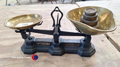Old brass and iron scales and weights by Day Millward of Birmingham