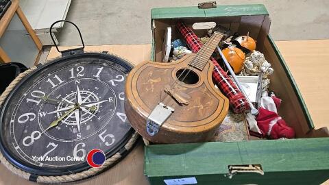 Box of bric a brac including small Weissenborn Ukulele and large wall clock