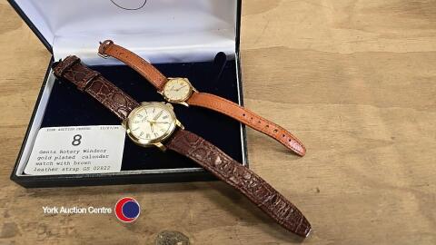 Gents Rotary Windsor, gold plated, calendar watch with brown leather strap GS 02822 and a ladies Rotary, gold plated watch