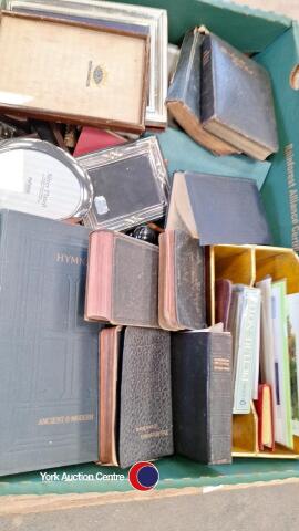 Box of miscellaneous items including picture frames, stationery stand and books etc.