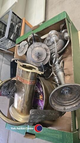 Box of assorted brass and plated items including companion set