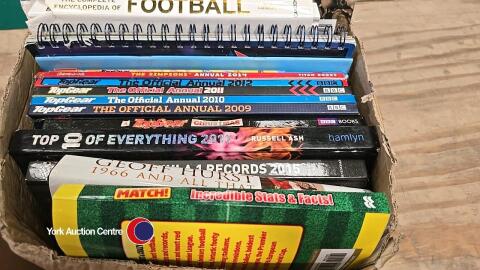 Box of books, Top Gear, football, formula one etc
