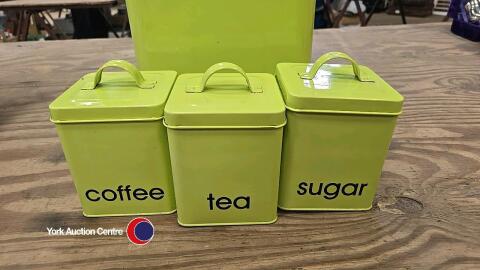 Metal bread bin with matching tea, coffee and sugar tins