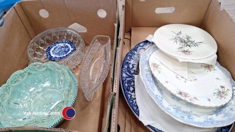 2 boxes of glass and ceramic ware including moulded glass bowls and large oval serving plates
