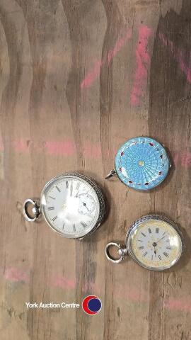2 x antique silver pocket watches and an enamel silver locket