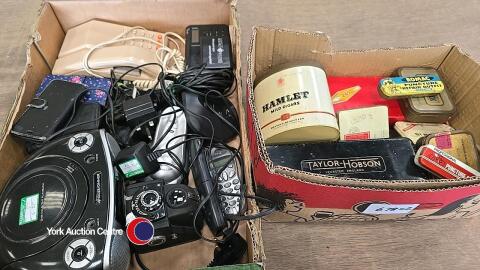 2 x boxes of landline and mobile phones, camera and CD players and presentation tins