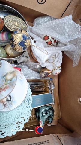 Box of decorative items including 1 Crown Derby paperweights, EPNS bowl etc