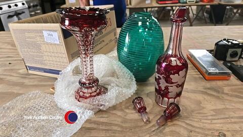 Bohemian Ruby glass vase and decanter with spare glass stopper and Murano glass vase