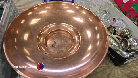 Vintage copper bowl & box of silver plated items