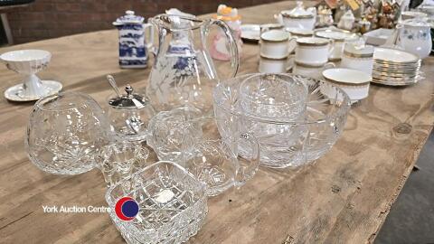 Marmalade jar with lid and silver plated teaspoon, crystal bowl H 10cm W 20, rose bowl H 11cm W 6.5, cream jug H 9cm W 6, small bowl H 6cm W 10, small bowl H 7.5cm W 10 and milk jug H 20cm W 7.5