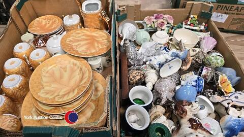 Box of ornaments and a box of tea ware