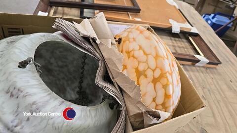 Art deco to mid 20th century orange spatter-glass hanging lamp shade approx 30cm diameter and a mid century hanging mottled glass dome shade, approx 36cm diameter