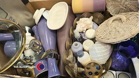 Crate bathroom bric-a-brac inc. bathroom scales + 3 wicker toilet roll storage baskets