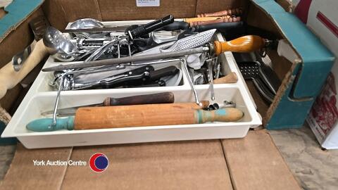 Large box of cutlery and utensils
