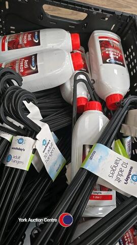 Crate of coat hangers plus 8 x car antifreeze, new