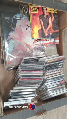 Box of records and CDs including singles and 3 Beatles original LPs