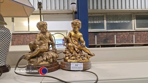 Pair of gilt and marble cherub table lamps