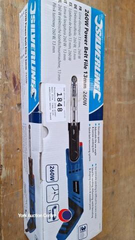 Silverline 260w power belt file, 13mm with additional belts, boxed