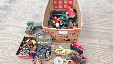 Box of vintage die cast toy models and toy soldiers including Dinky