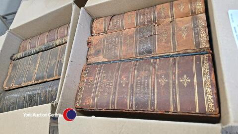 2 boxes of books with gilt leather tooled spines - interior designer's piece