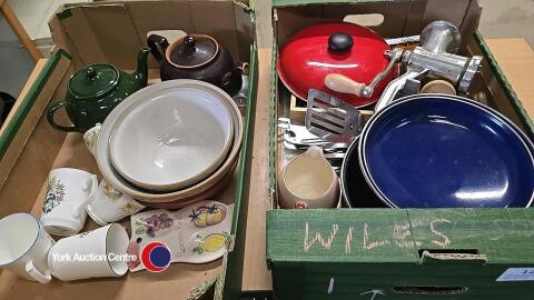 Box of general kitchenware including meat grinder