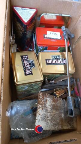 Box of miscellaneous tins and small hand tools
