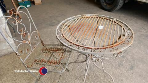Garden table and folding chair, 27in diameter table, grey metal round bars
