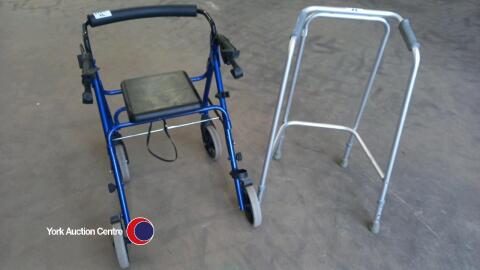 Blue 4 wheel folding rollator with padded seat, brakes and height adjustable handles plus Coopers lightweight height adjustable Zimmer Frame
