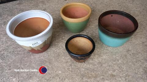 4 x assorted ceramic outdoor plant pots, mixed sizes, pattern and colour