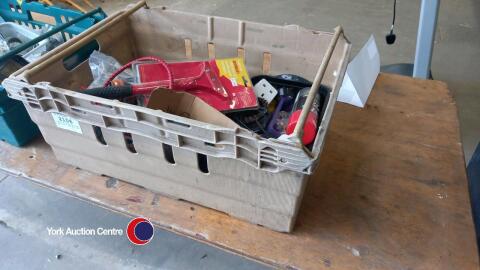 Crate of workshop items and tools, new and used