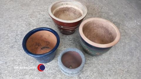 4 x assorted ceramic outdoor plant pots, mixed sizes, pattern and colour