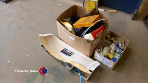 Box of garage spares and box of bulbs
